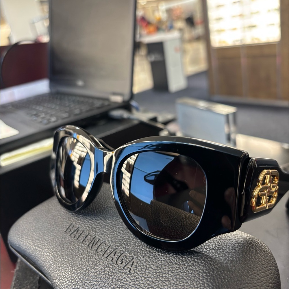 Balenciaga Glossy Black Sunglasses with Gold Detail
